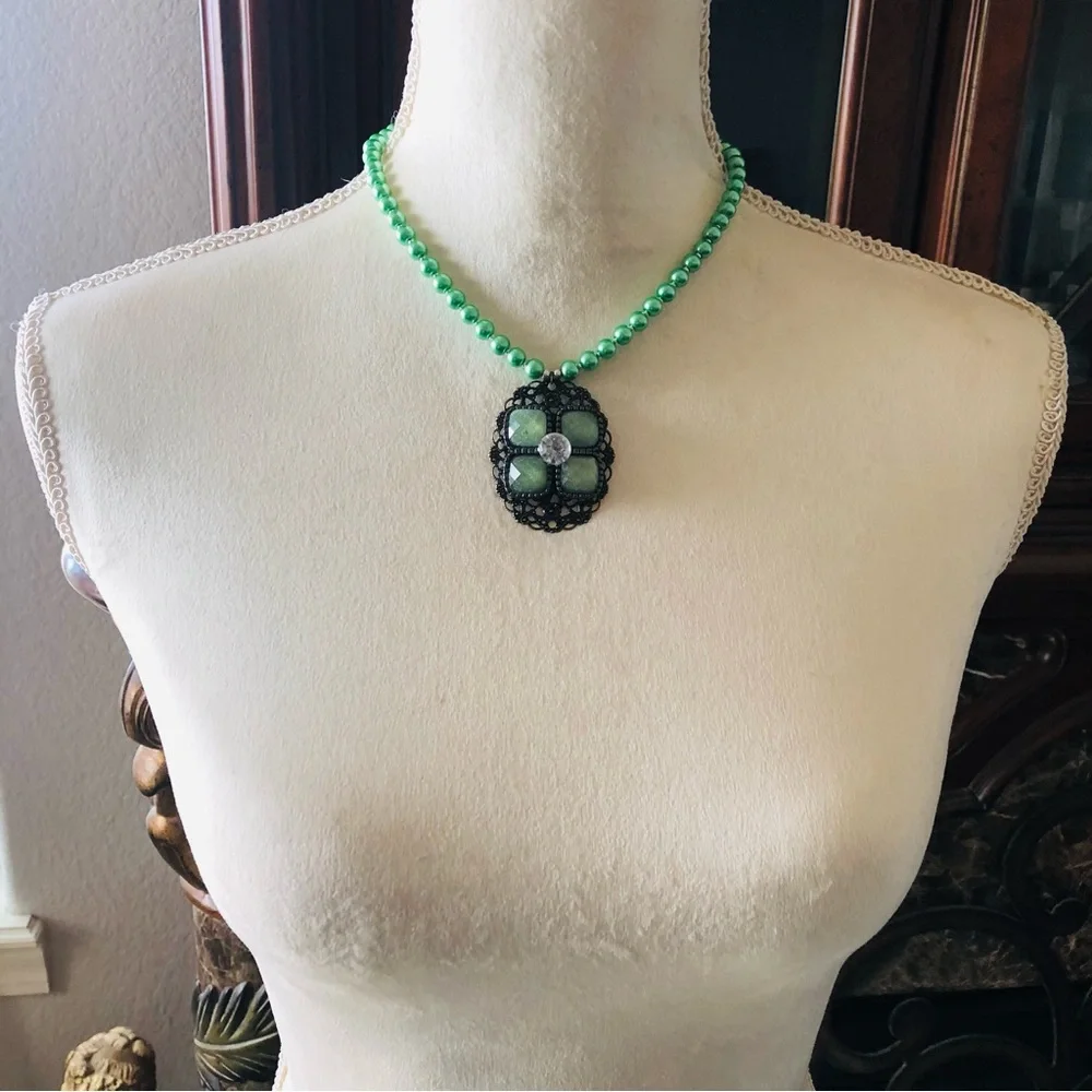 Handcrafted repurpose speckle green glass pendant Czech glass Pearl necklace